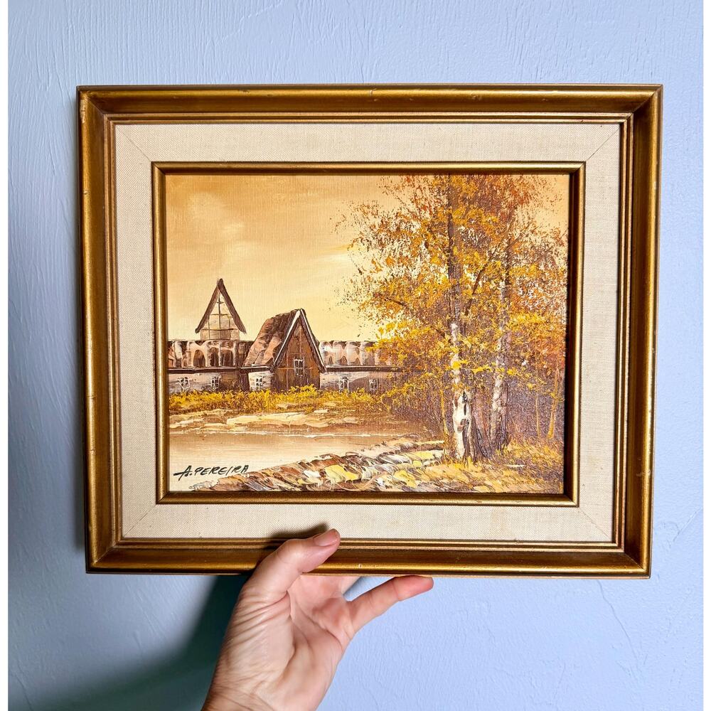 1970 Signed A. Pereira Oil Painting: Autumn European Landscape, Framed Wall Art